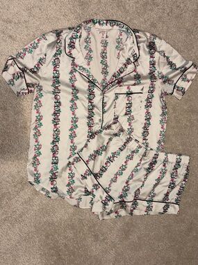 Victoria's Secret Silky Satin Floral Stripe Short Pajama Set - White/Pink/Green